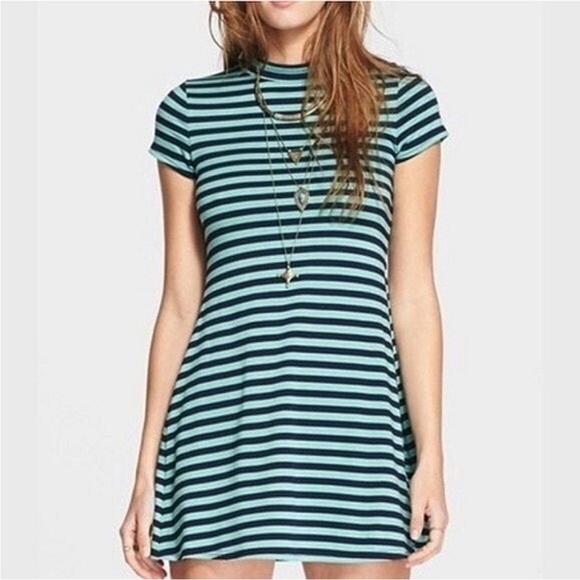 Free People Beach On The Line Point Striped Green and Blue Mini Dress Size Small - Picture 2 of 8